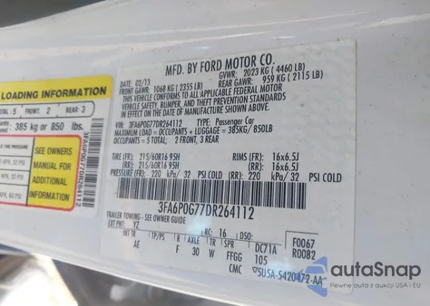 2013 Ford Fusion S из США, поврежденный, VIN 3FA6P0G77DR264112